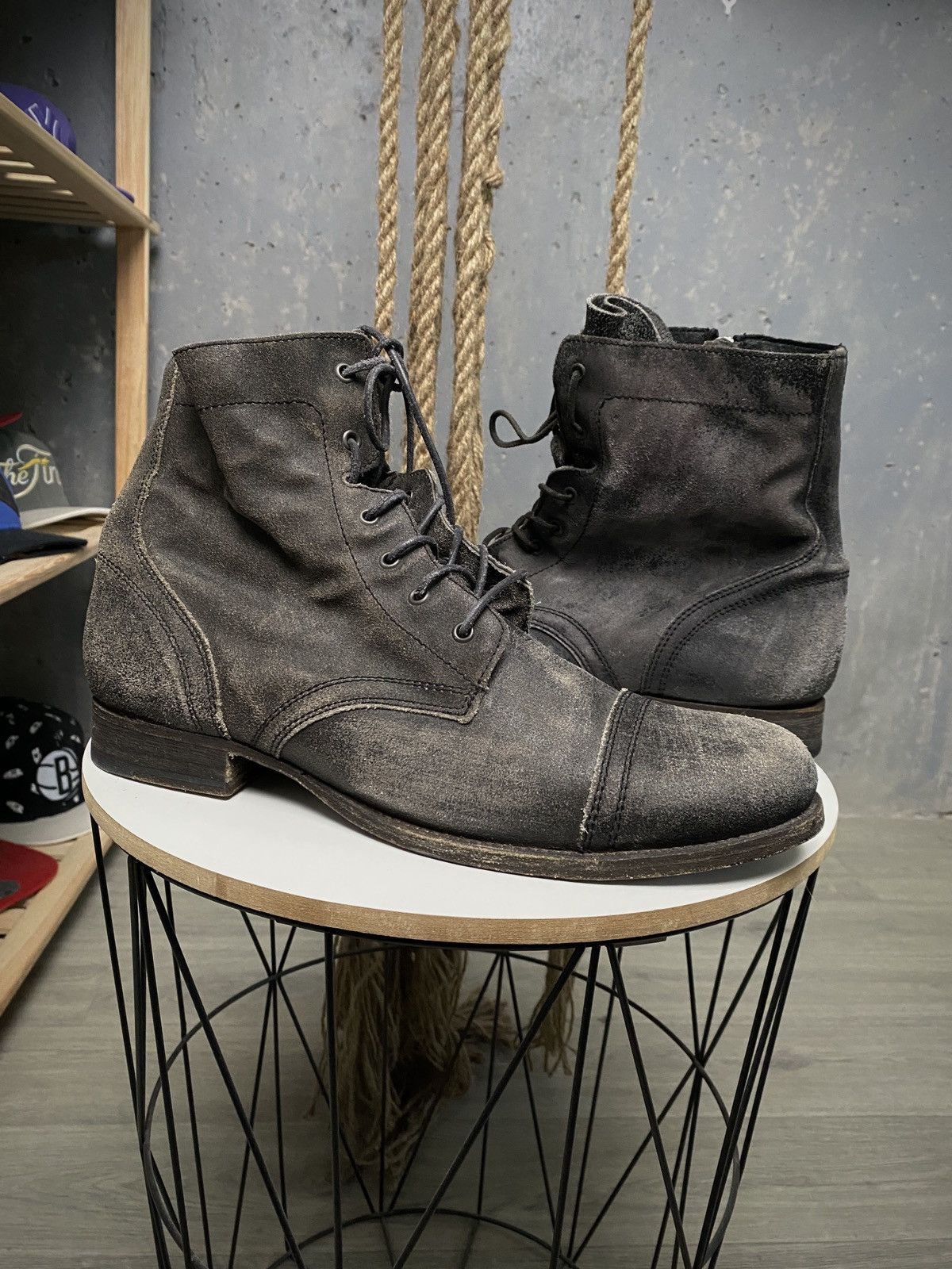 image of Allsaints Distressed Cap Toe Ankle Boots Brown Combat in Grey, Men's (Size 12)