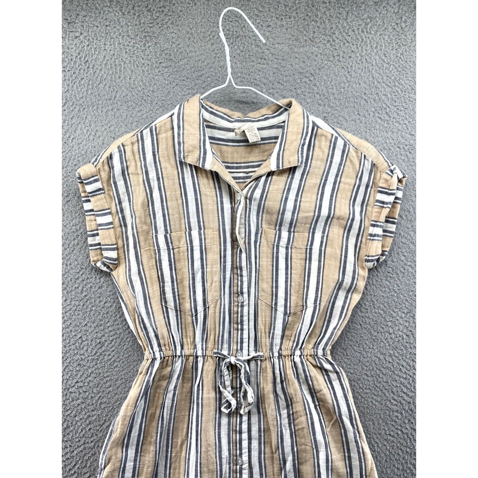 Vintage Japna Women’s Button Down Tie Waist Pockets Stripe Dress S Beige Cap Sleeve Hi-Low Size S / US 4 / IT 40 - 3 Thumbnail