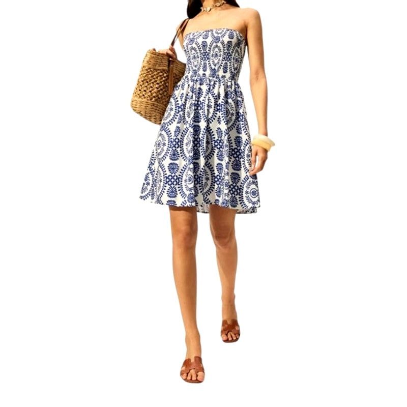 Other Blue White Strapless Floral Collarless Mini Woven Dress Size M / US 6-8 / IT 42-44 - 1 Thumbnail