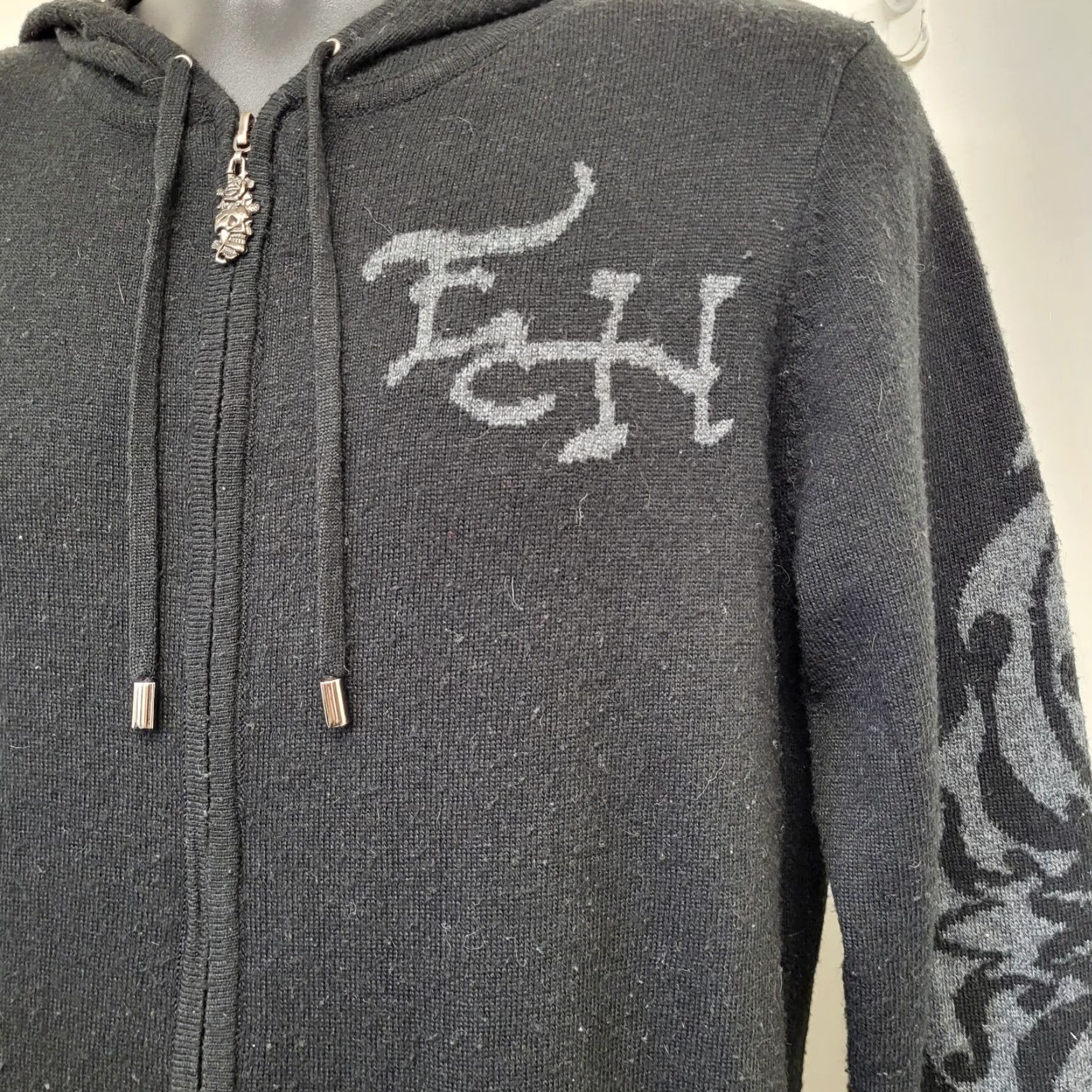 Ed Hardy Ed Hardy x Christian Audigier Men L Hoodie ZipUp Full Zip Graphic Print Skull Logo Black Knit 50% Cotton Blend Lambswool Alpaca Size US L / EU 52-54 / 3 - 3 Thumbnail