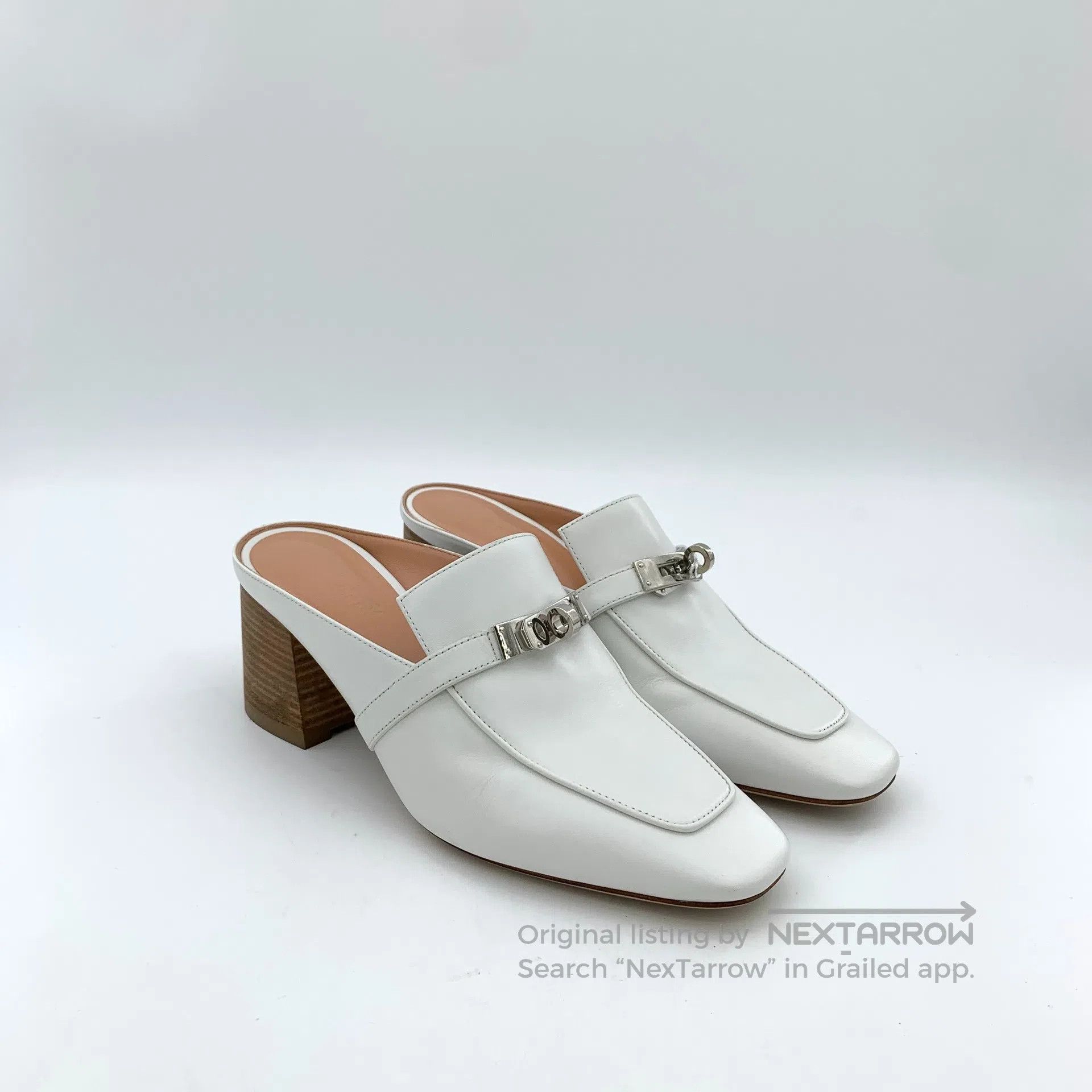 Hermes Hermes White silver buckle Mule block high-heeled shoes| Size US 7.5 / IT 37.5 - 2 Thumbnail