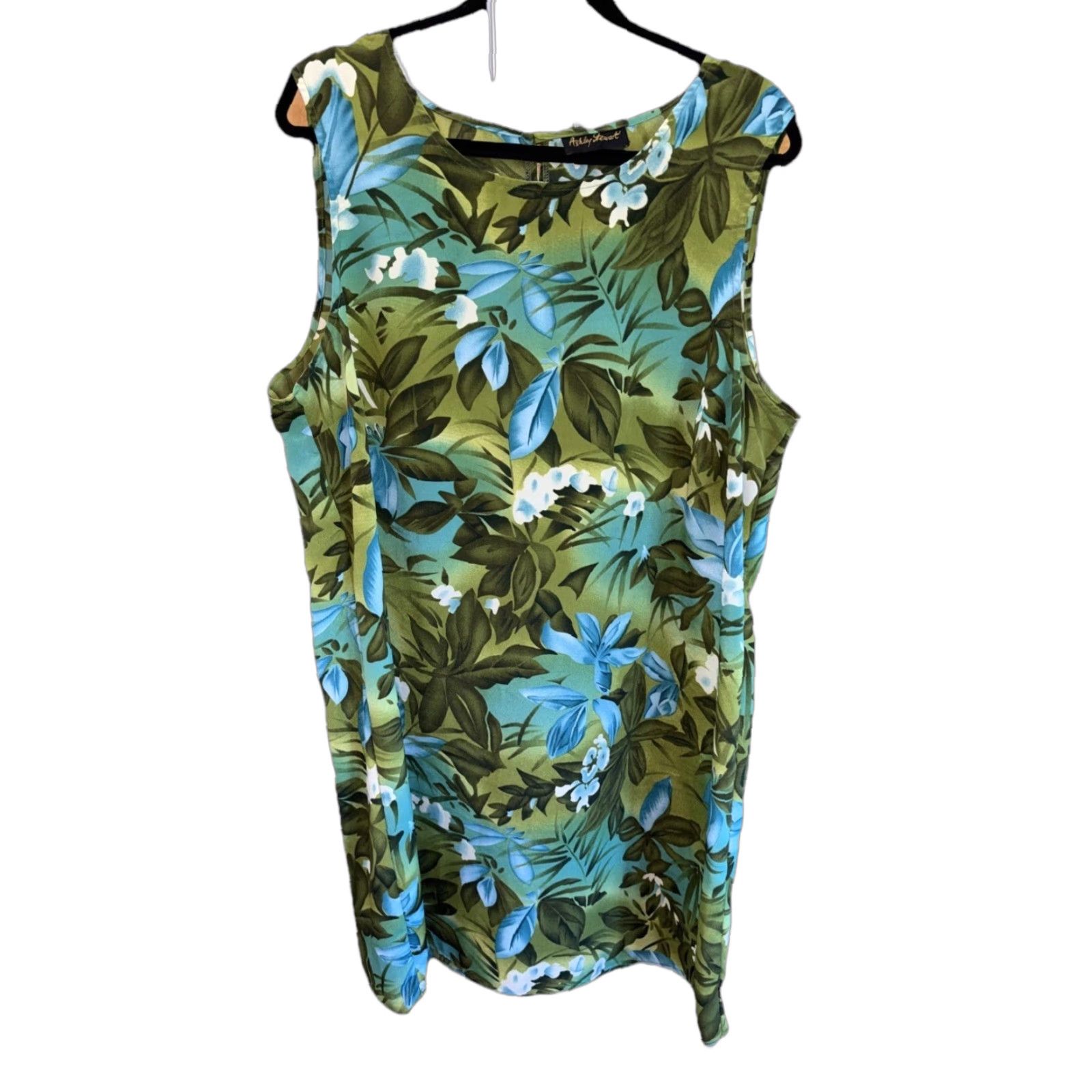Vintage Ashley Stewart Dress Tropical Print Green 2X Sleeveless Keyhole Button Midi Ruffle Bohemian Beach Classic 25” pit to pit Womens Size XXL / US 16-18 / IT 52-54 - 1 Thumbnail