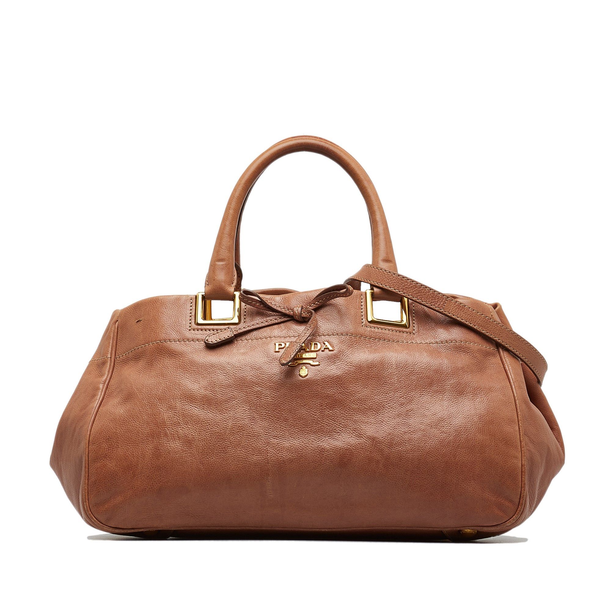 image of Prada Vitello Ribbon Satchel in Brown, Women's