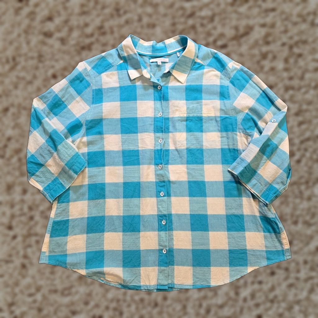 Vintage Foxcroft Top Womens Size 20W Blue Plaid Button 3/4 Sleeve Classic Casual Blouse Ladies Size 3XL / US 20-22 - 1 Thumbnail