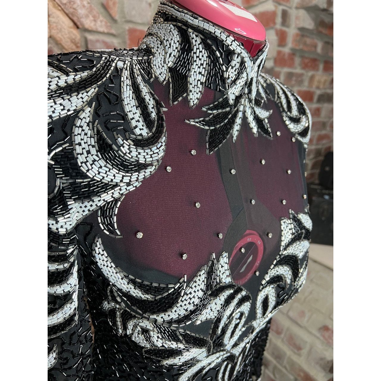 Vintage dress 100% silk beaded sheer bust high collar black white Size L / US 10 / IT 46 - 9 Thumbnail
