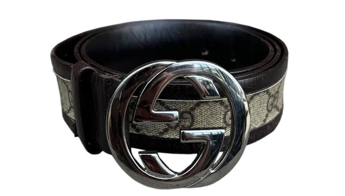 Gucci Monogram Canvas / Brown Leather Belt (Size 42)