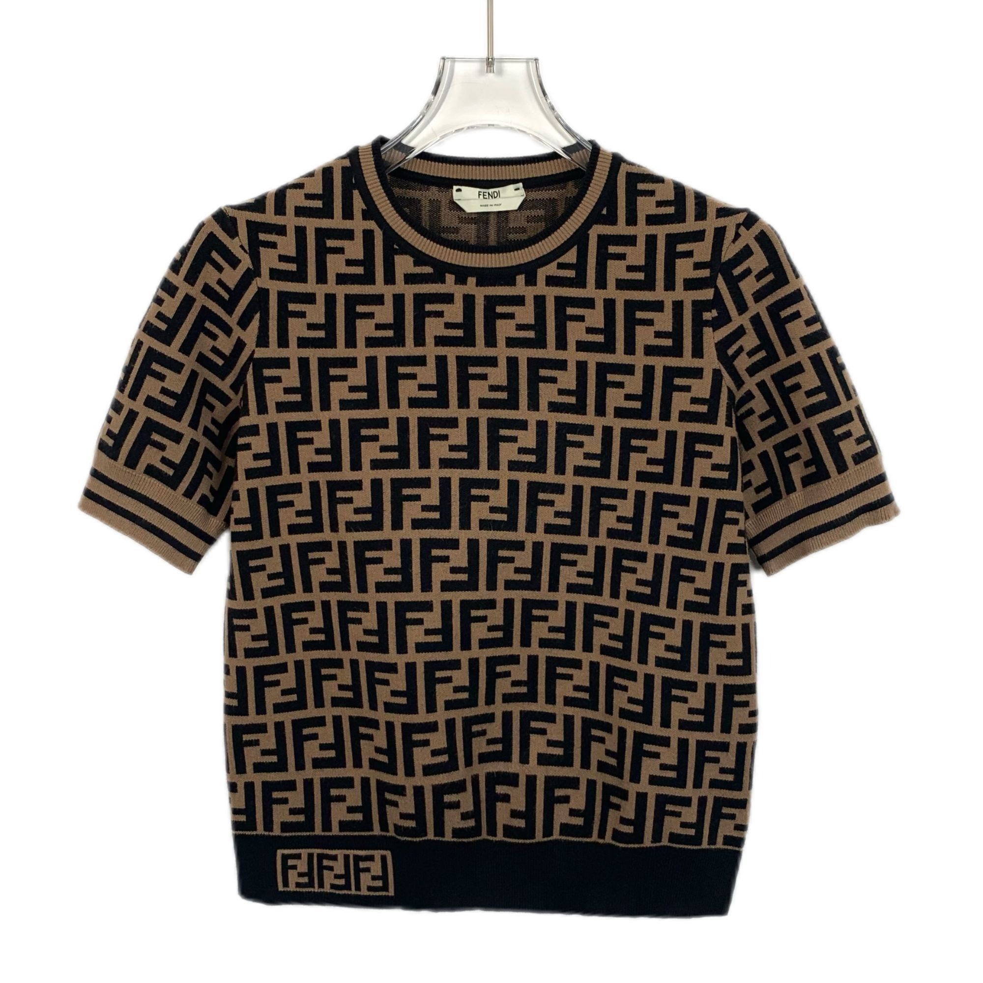 Fendi Fendi Womens FF Logo Short Sleeve Knit Top Brown & Black Size XS / US 0-2 / IT 36-38 - 1 Thumbnail