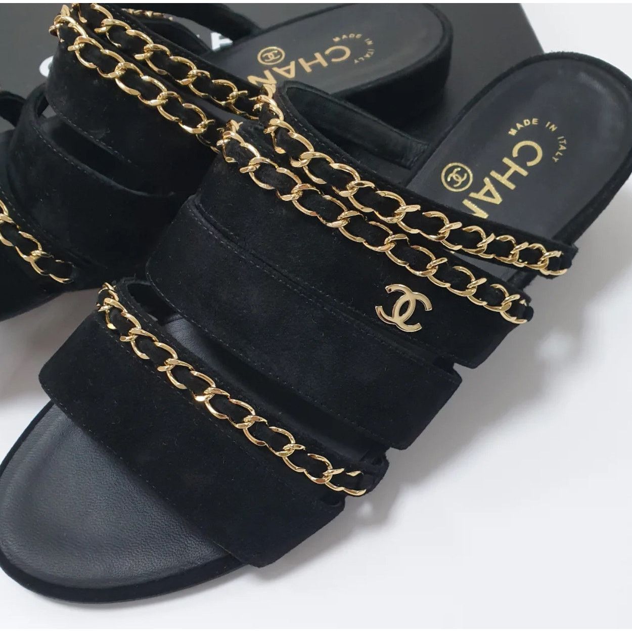 Chanel Chanel Black Suede Chain Open Toe Flat Sandals Sz.38 Size US 7 / IT 37 - 3 Thumbnail