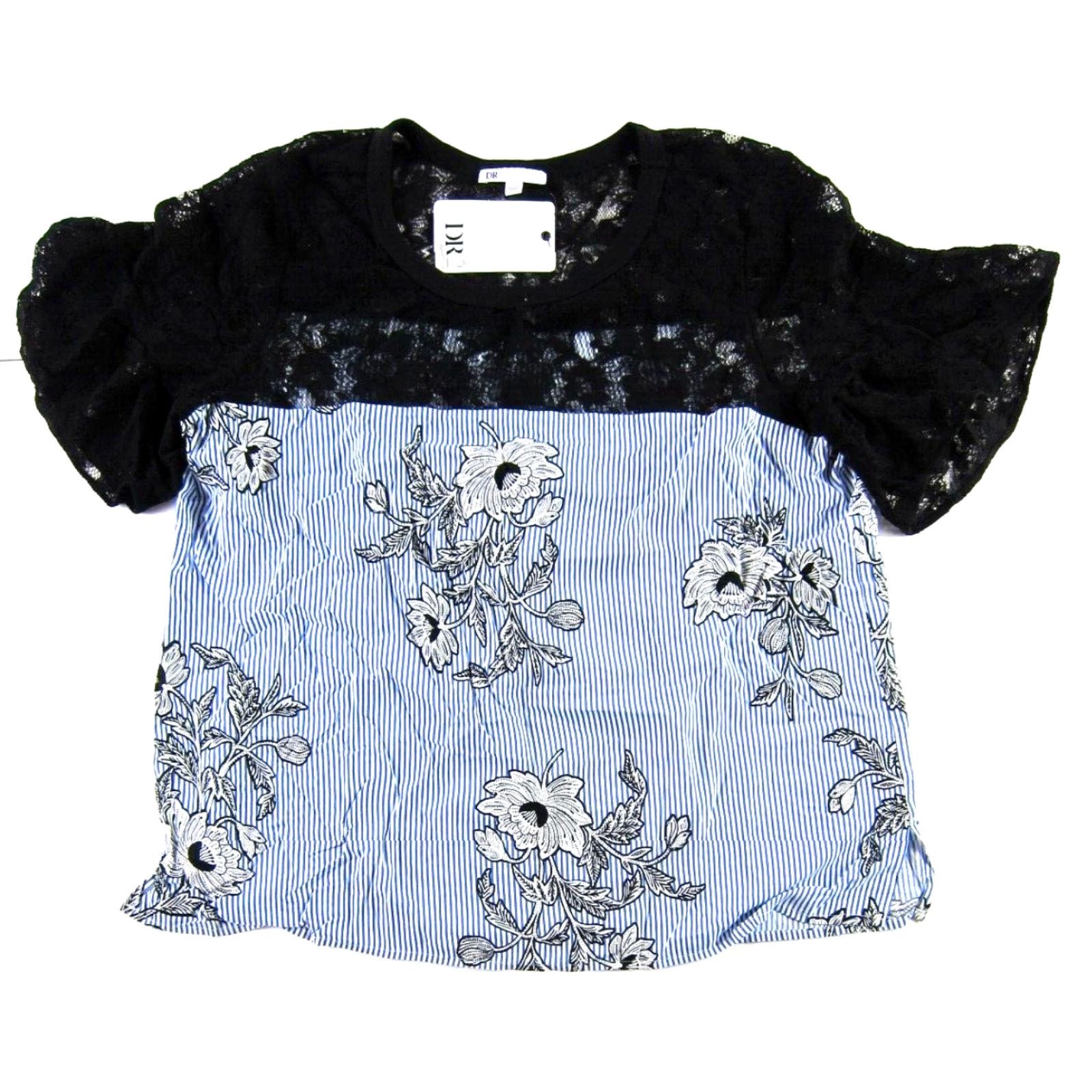 Vintage NWT Daniel Rainn Black Lace Floral Blue White Stripe Short Sleeve Blouse XL Size XL / US 12-14 / IT 48-50 - 2 Thumbnail