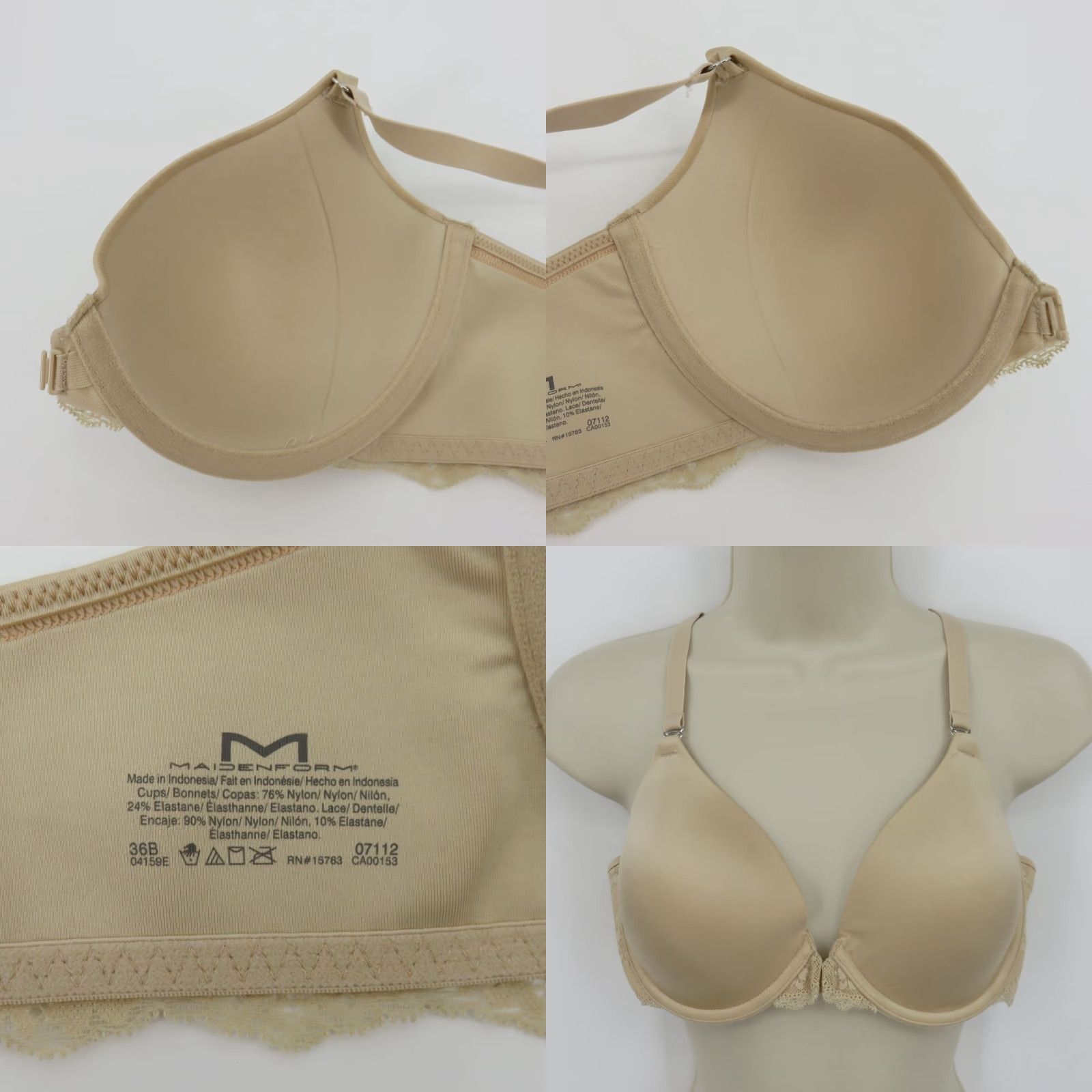 Vintage Maidenform Bra 36B 07112 One Fab Fit Front Closure T Back Lace Beige Womens Size ONE SIZE - 8 Thumbnail