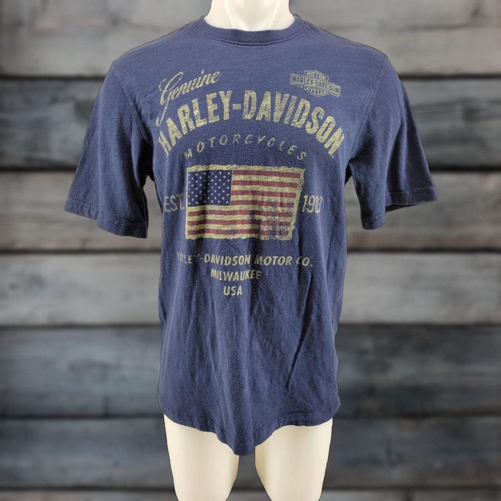 Harley Davidson Harley-Davidson T Shirt Blue Size M Mens Regular Short Sleeve Crew Neck Logo 19" Shoulder 21.5" Armpit to Armpit 11" Arm Length 28" Down Back Size US M / EU 48-50 / 2 - 1 Thumbnail