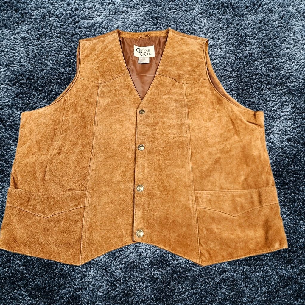 Cripple Creek Mens 3xl Western Vest Tan Brown Genuine Leather Suede Snap Front, Men's (Size Xxl)
