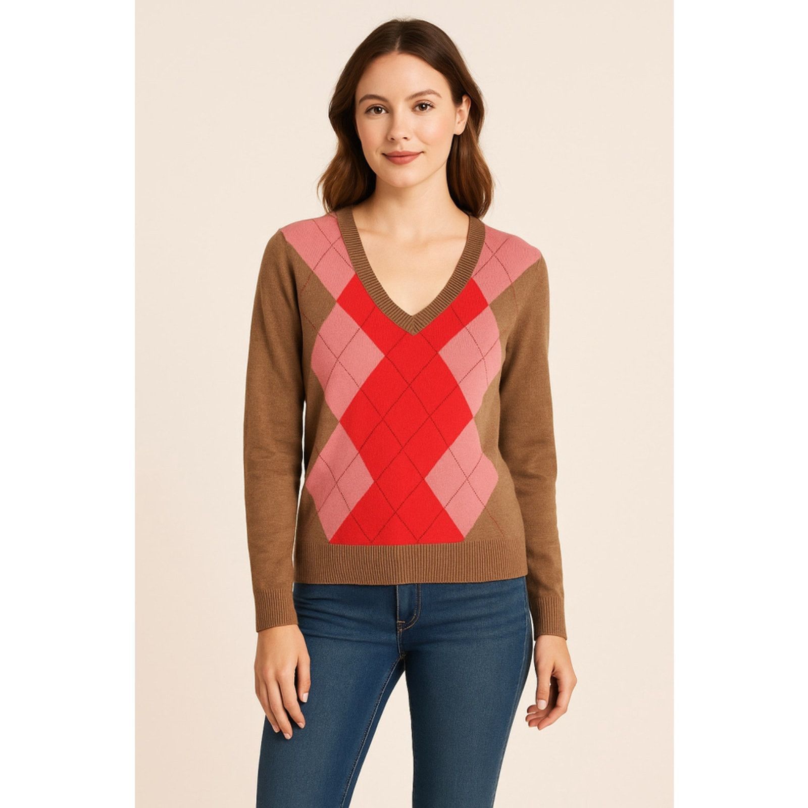 Izod Preppy Retro Argyle Knit Sweater Brown Pink Red V-Neck IZOD Size M / US 6-8 / IT 42-44 - 1 Thumbnail