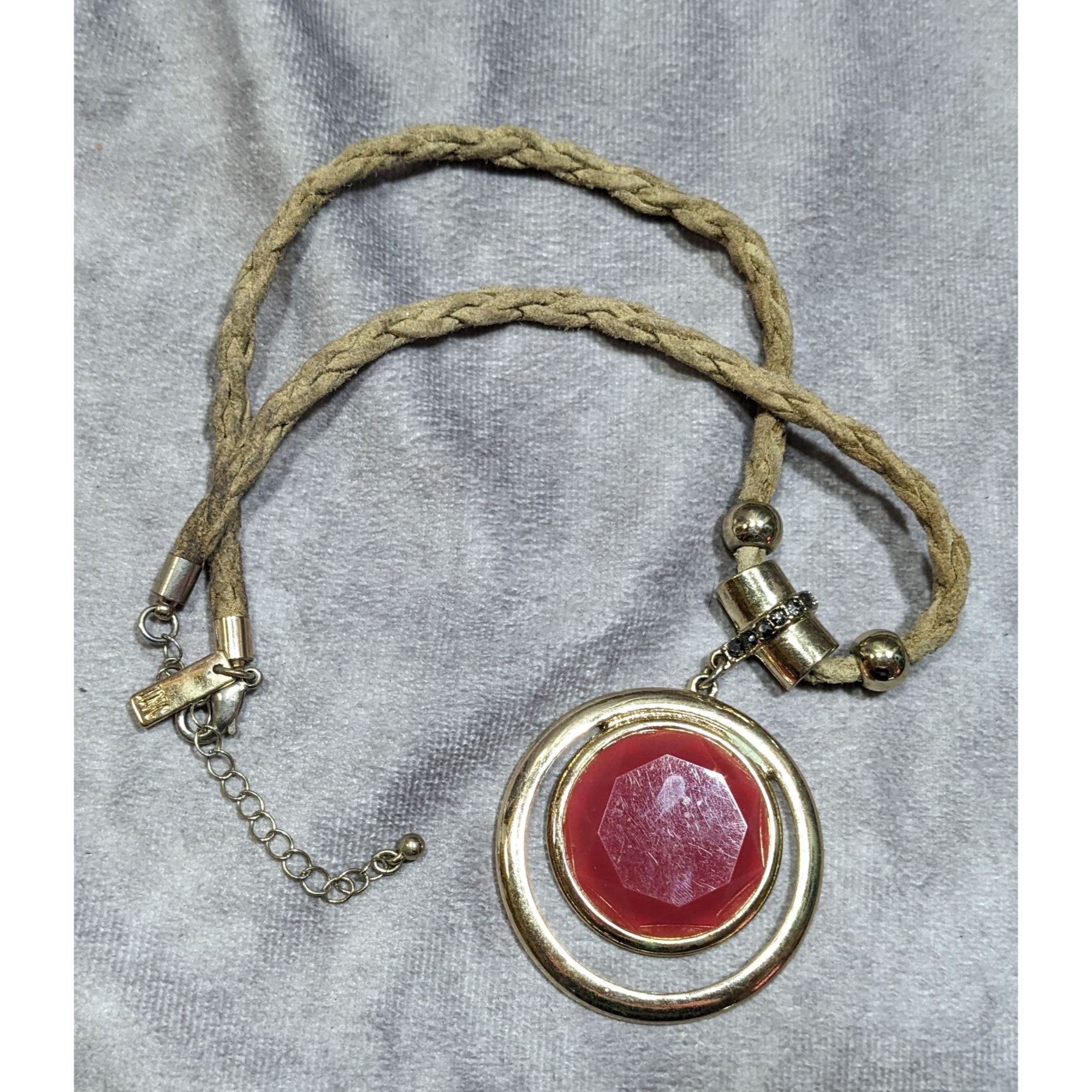 Other INC Red Gemmed Medallion Necklace On Tan Suede Braided Cord Size ONE SIZE - 6 Thumbnail