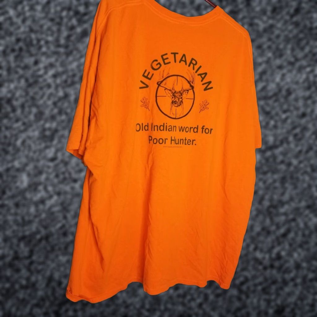 Doublet VINTAGE Unbranded Shirt Mens 3XLT Orange Vegetarian T Shirt Save A Tree Shoot A Deer Double Sided Distressed 1980s Mens MENS 3X VEGETARIAN T SHIRT Size US XXL / EU 58 / 5 - 1 Thumbnail