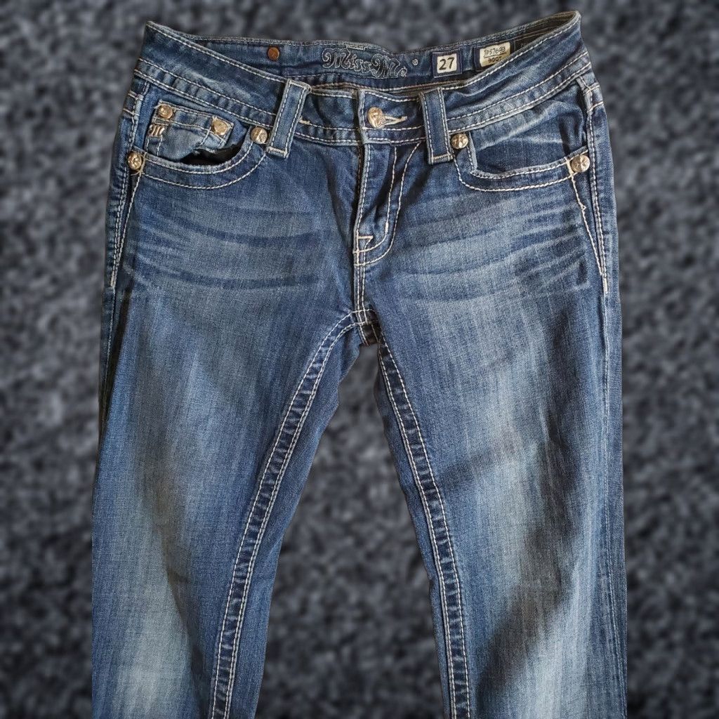 Miss Me VINTAGE: MISS ME Jeans 27/34 Bootcut Blue Leather Embroidered Rhinestone Studded Distressed Pockets 32in Inseam Womens Jeans Mens? Size 27" / US 4 / IT 40 - 1 Thumbnail