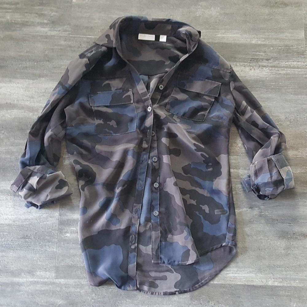 Designer Navy Black Camo NY&C Sheer Button Down Blouse Size XS / US 0-2 / IT 36-38 - 1 Thumbnail