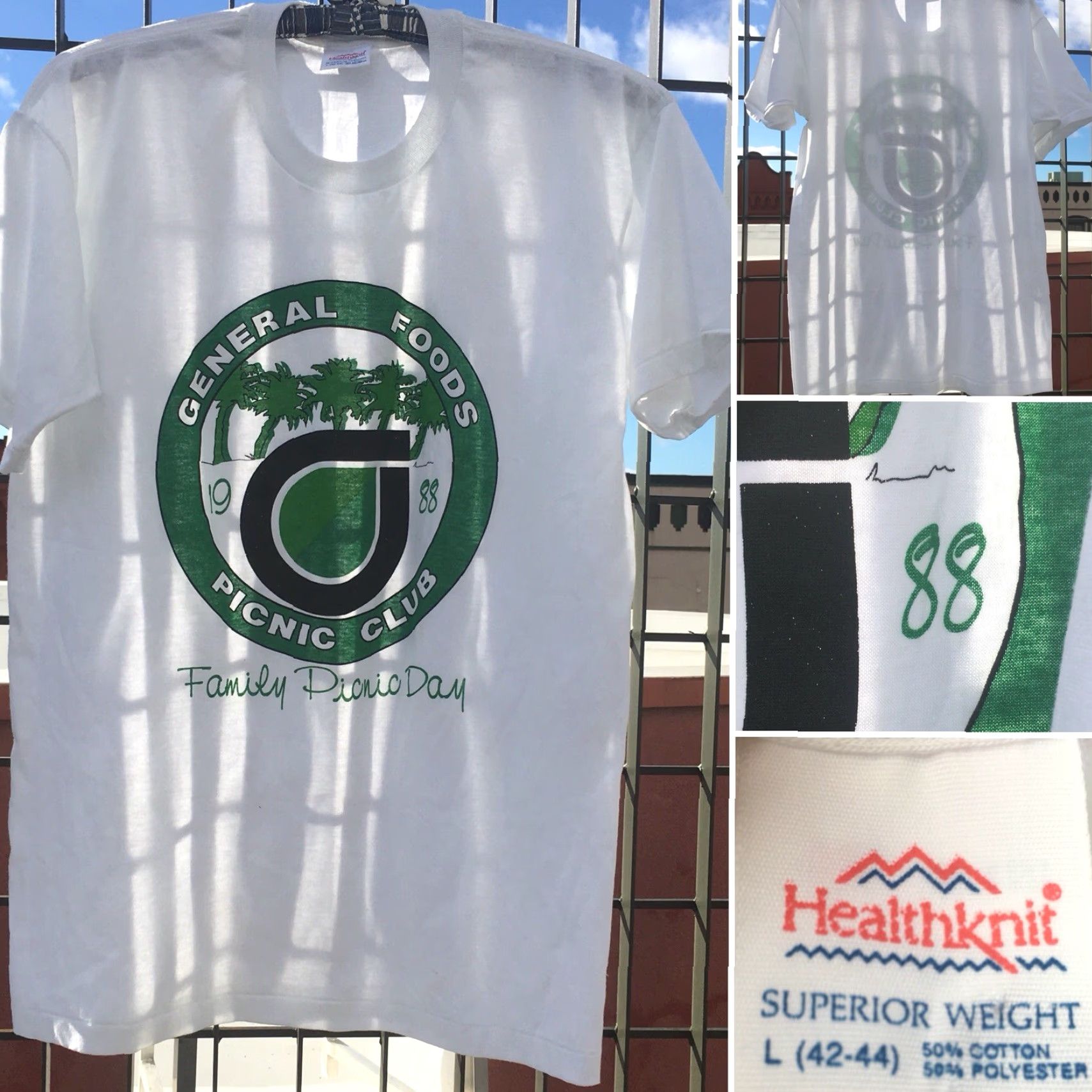 Vintage VINTAGE General Foods Picnic Club Family Picnic Day T-Shirt 1980s 80s Healthknit White L Men Graphic Tee Desert Palm Sportswear/Beach 1980s Mens Size US L / EU 52-54 / 3 - 3 Thumbnail