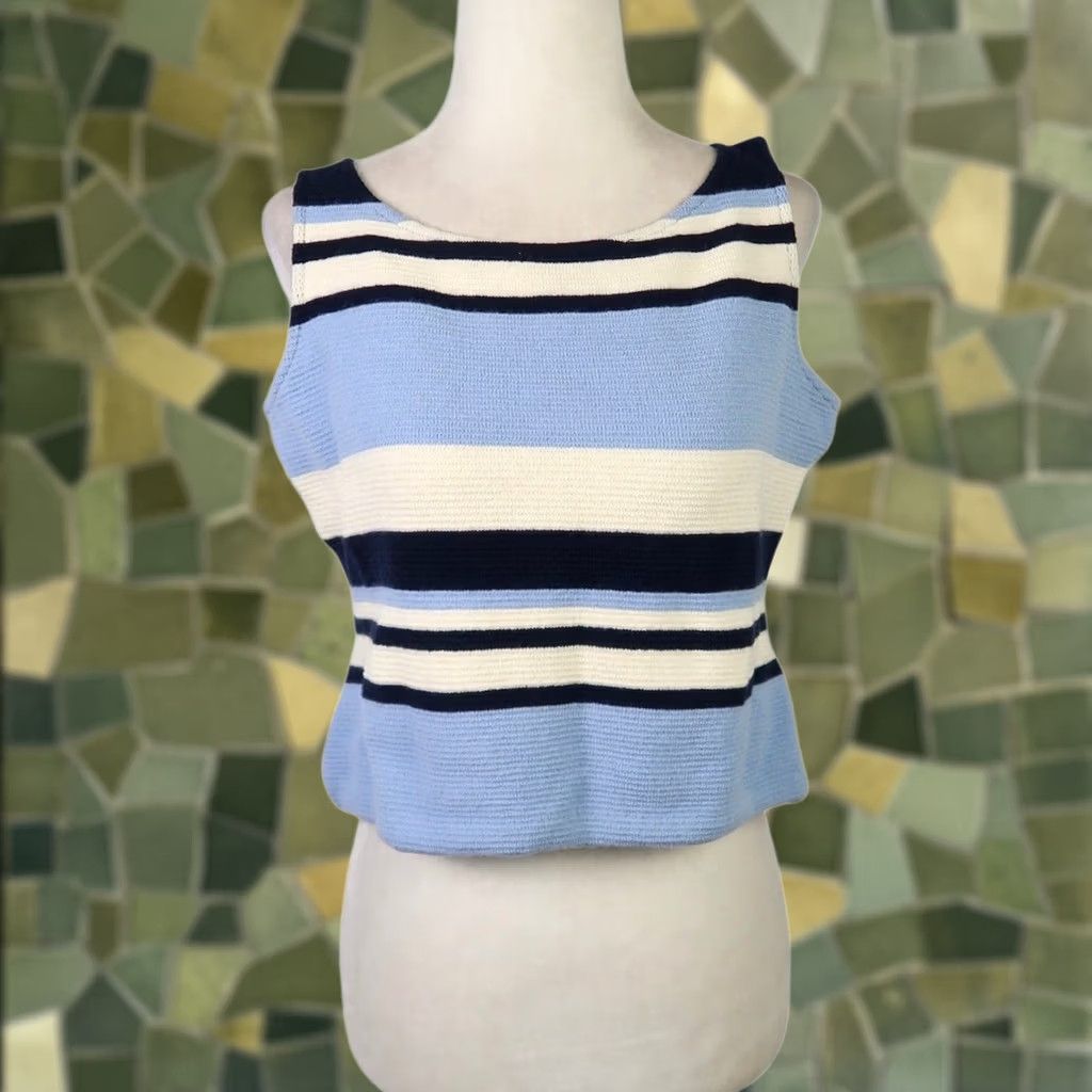 St. John VINTAGE St. John Sport Knit Sweater Tank Top 90s Stripe Sleeveless Women Size 6 Blue Cream Navy Striped Pullover Size M / US 6-8 / IT 42-44 - 1 Thumbnail