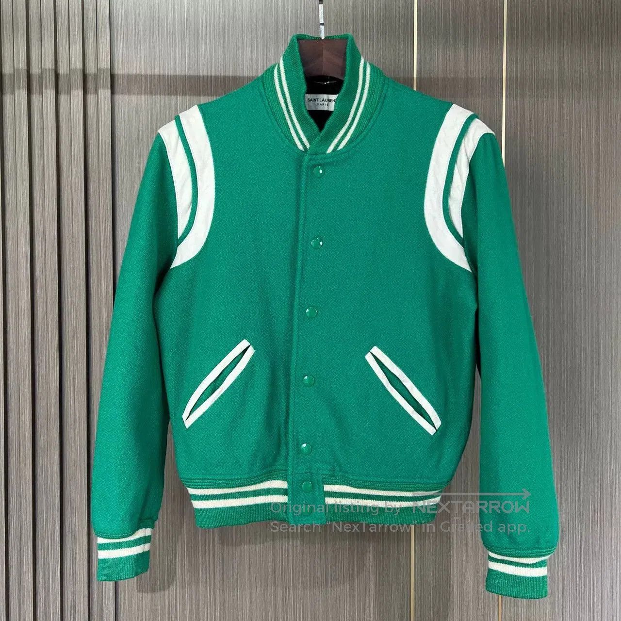 green wool baseball jacket by saint laurent.