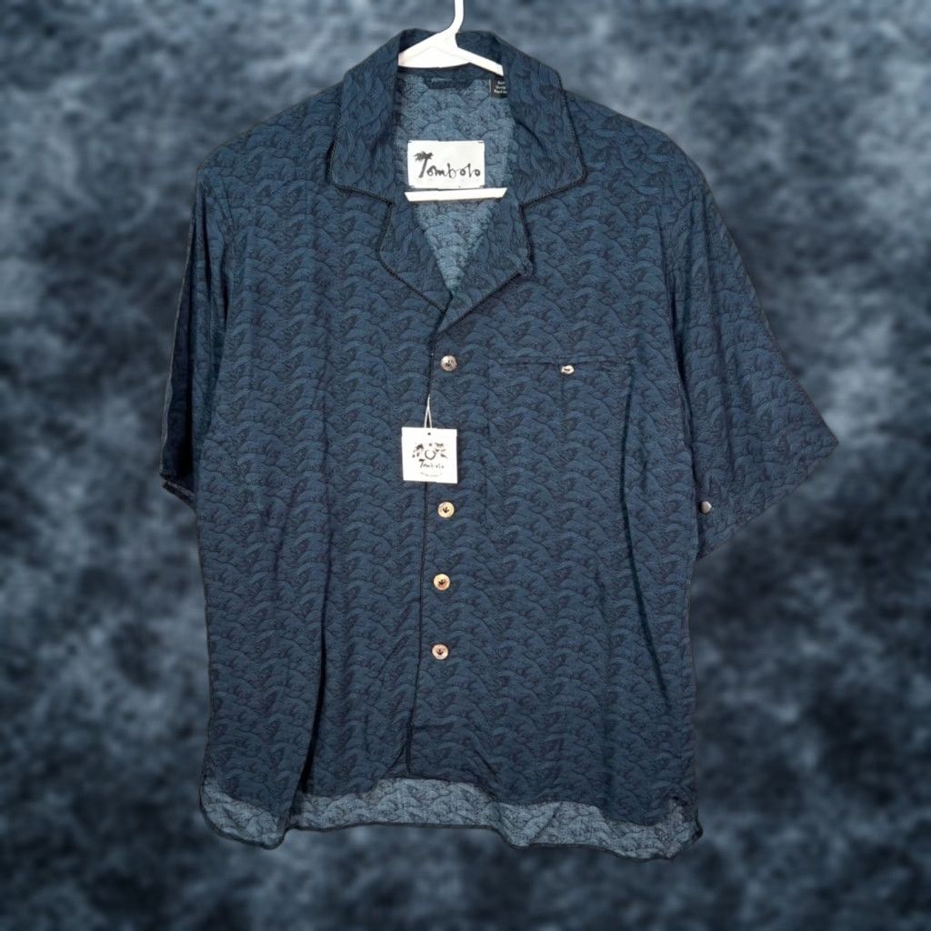 Tombolo Tombolo Shirt Mens XXS Navy Wave Print Rayon Short Sleeve Button-Up New! Size US XS / EU 42 / 0 - 1 Thumbnail
