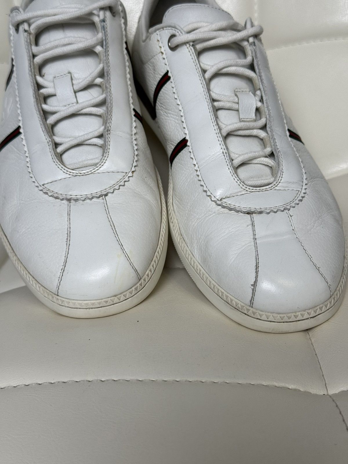 Gucci Gucci White Leather Low Top Sneakers Web Stripe & GG Logo Size US 9 / EU 42 - 18 Thumbnail