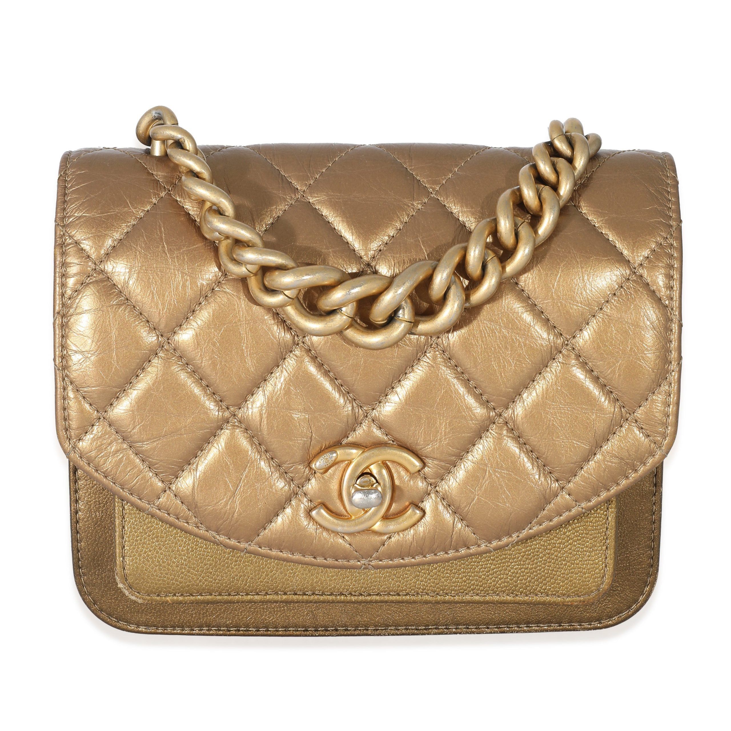 image of Chanel Gold Metallic Leather Mini Chain Handle Flap Bag, Women's