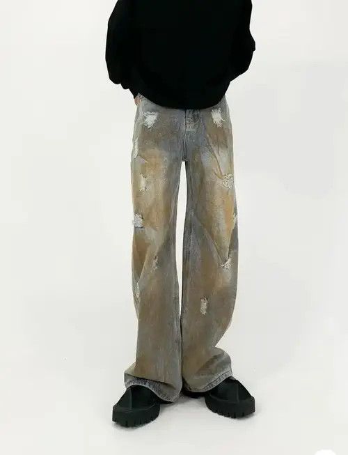 Japanese Brand × Jean Retro distressed loose fitting straight leg hand drawn jeans Size US 30 / EU 46 - 1 Thumbnail