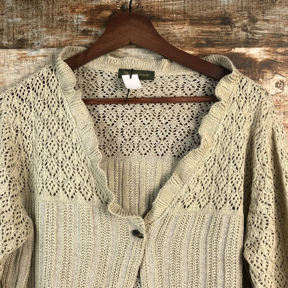Homespun Knitwear × Japanese Brand × Vintage DL Merci Grace crochet meshnet Brown Cardigan Knitwear #C529 Size L / US 10 / IT 46 - 4 Thumbnail