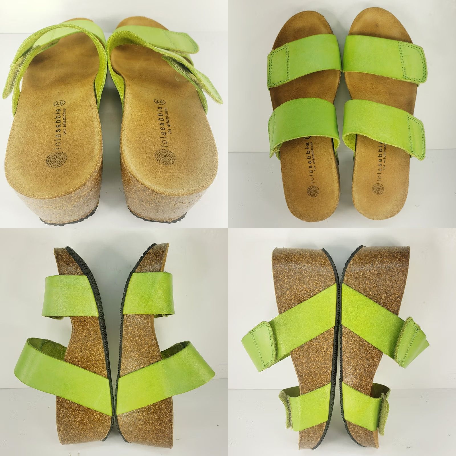 Vintage Lola Sabbia Lily Avocado Green Cork Bed Wedge Slide Sandals US 6-6.5 Leather Velcro Adjustable Strap Women Size US 6.5 / IT 36.5 - 8 Thumbnail