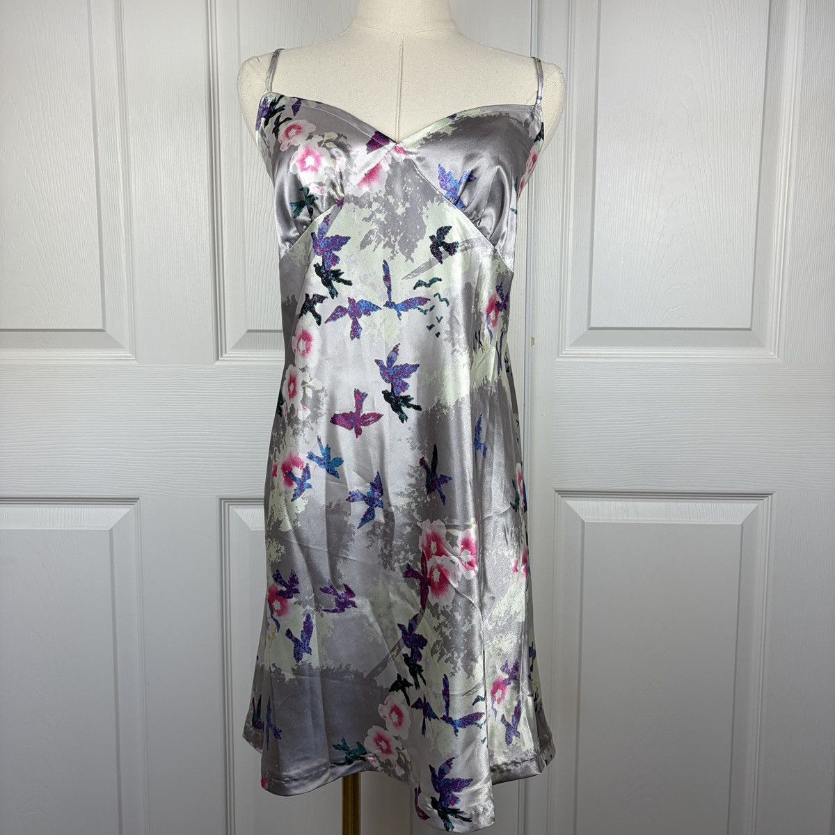 Other Gray satin bird pattern mini slip dress Size L / US 10 / IT 46 - 2 Thumbnail