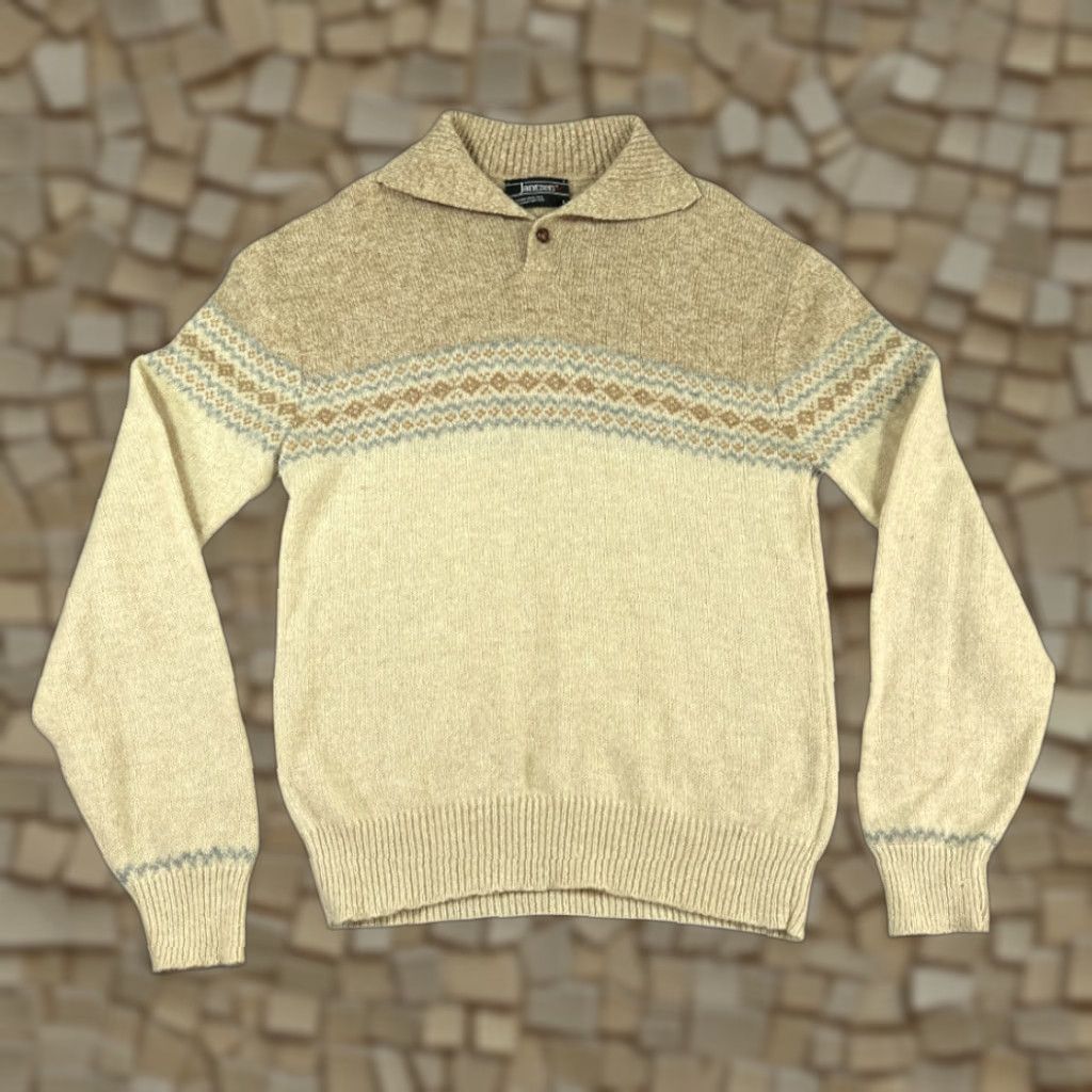 Jantzen VINTAGE Jantzen Sweater Adult MEDIUM Brown Cream Fair Isle Mock Neck Collar 70s Chest 21 Length 29 Mens Size US M / EU 48-50 / 2 - 1 Thumbnail
