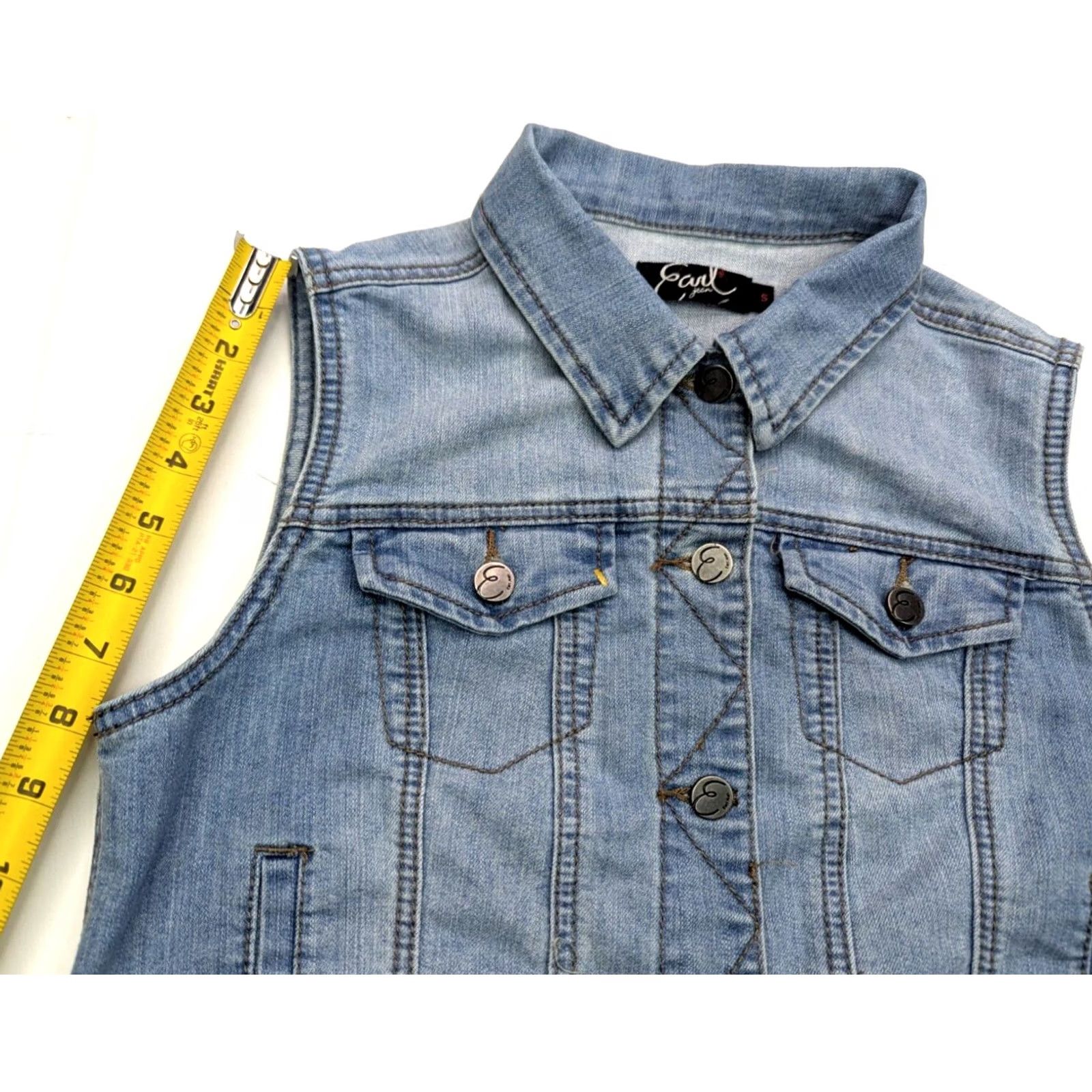 Vintage Earl Jeans Light Wash Denim Vest Blue Straps Back Knit Back Women M Blue Denim Vest Sleeveless Jacket (34x17) Regular Women Size 32" / US 10 / IT 46 - 6 Thumbnail