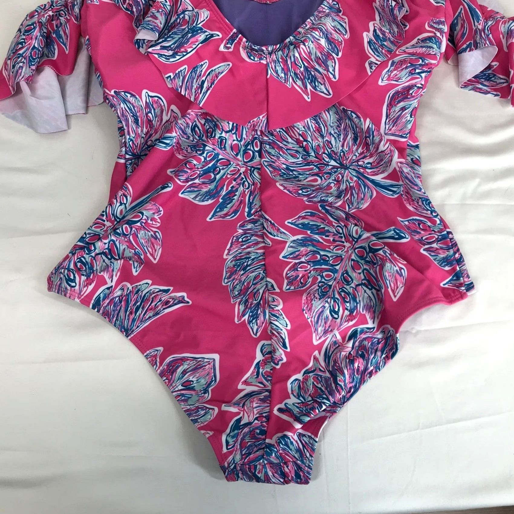 Vintage Marilyn Monroe One Piece Pink Tropical Monstera Leaf Ruffle Spaghetti Strap L Womens Sized XL Size ONE SIZE - 6 Thumbnail