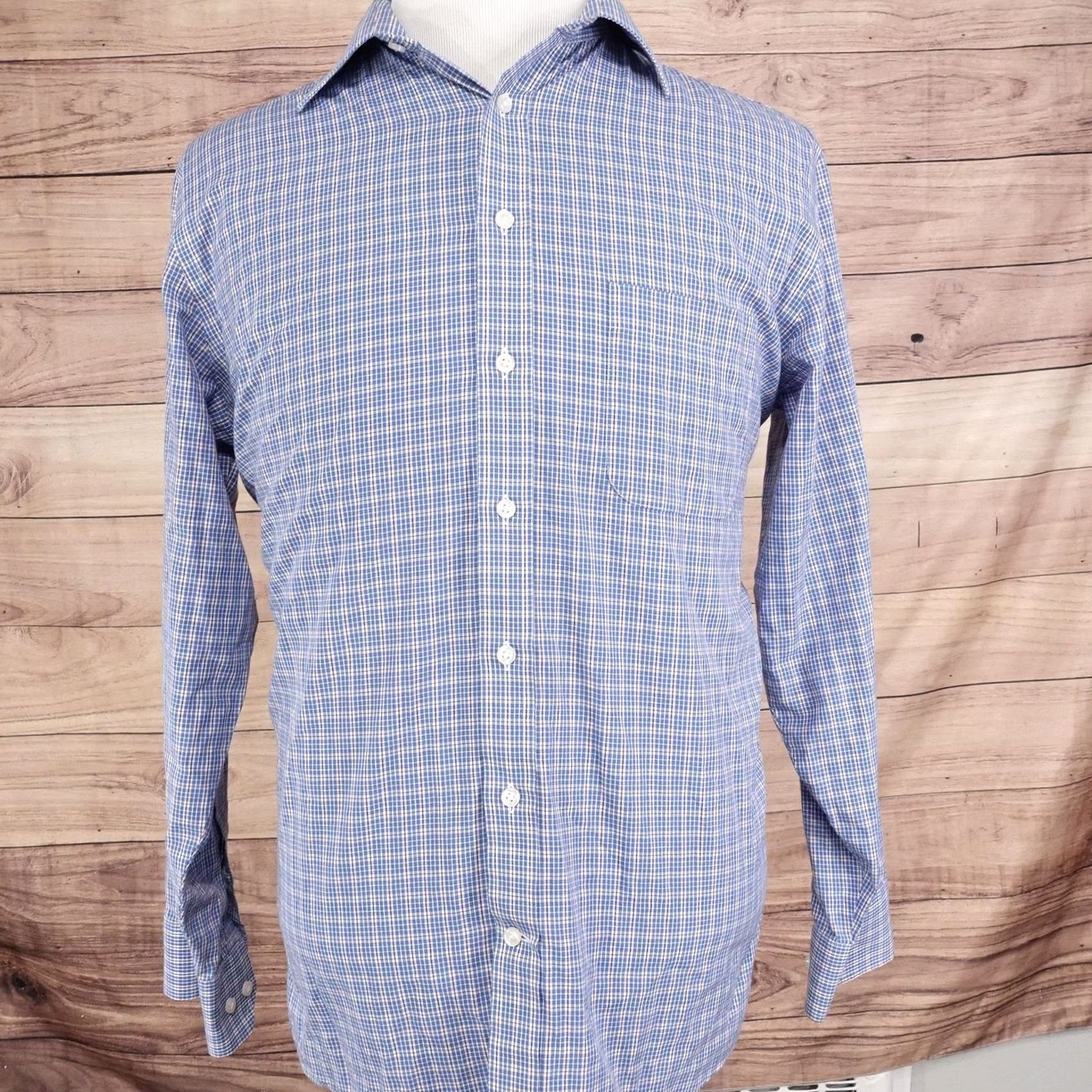 Stafford Stafford Dress Shirt Mens 16 34/35 Regular Fit Blue Check Easy Care Travel Size 42R - 3 Thumbnail