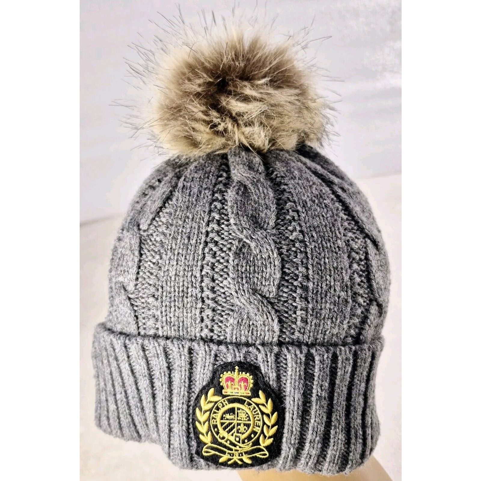 Lauren Ralph Lauren Ralph Lauren Knit Pom Beanie Logo Crest Cuff Hat Gray OSFM Size ONE SIZE - 5 Thumbnail