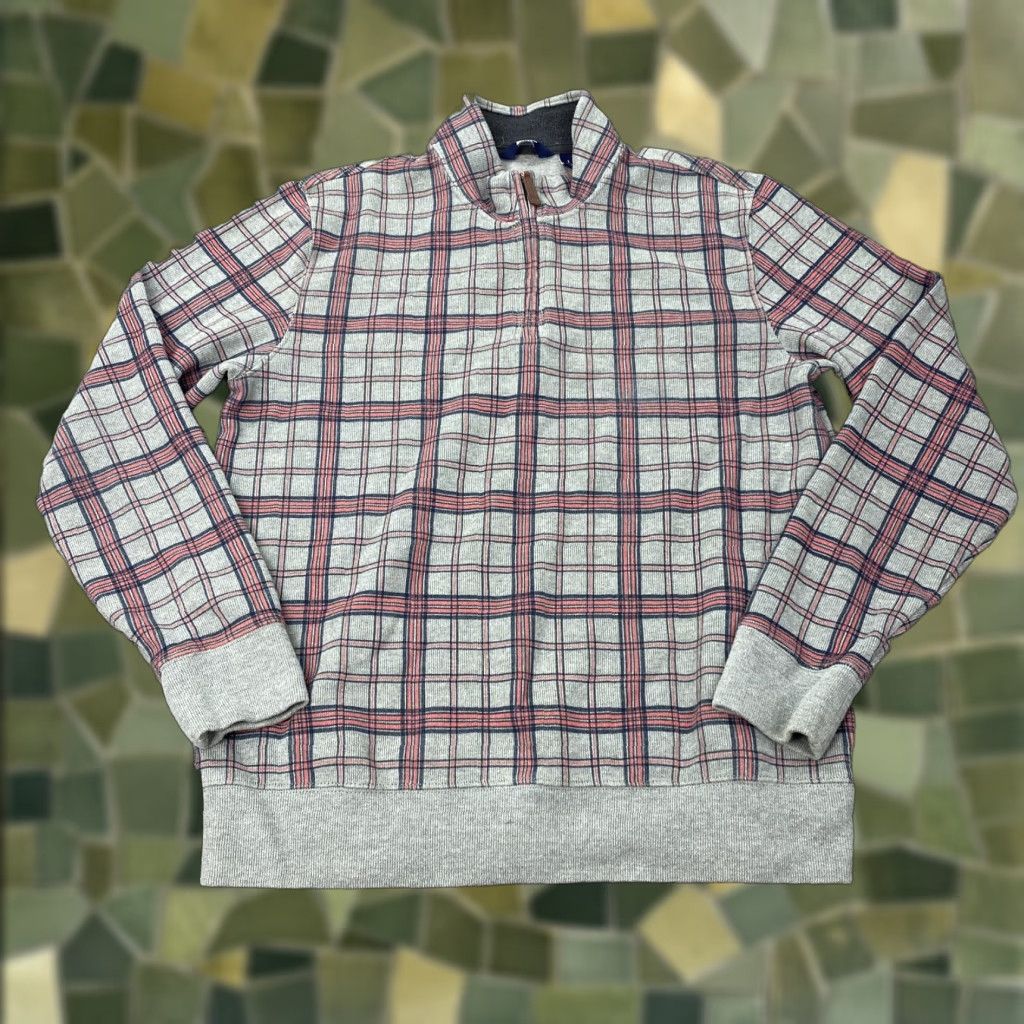 Lands' End Lands' End Sweatshirt Mens Large Gray Red Navy Plaid 1/4 Zip Pullover 42-44, Cotton Polyester, Fleece, Regular, Zip, Pullover, Mens Size US L / EU 52-54 / 3 - 1 Thumbnail