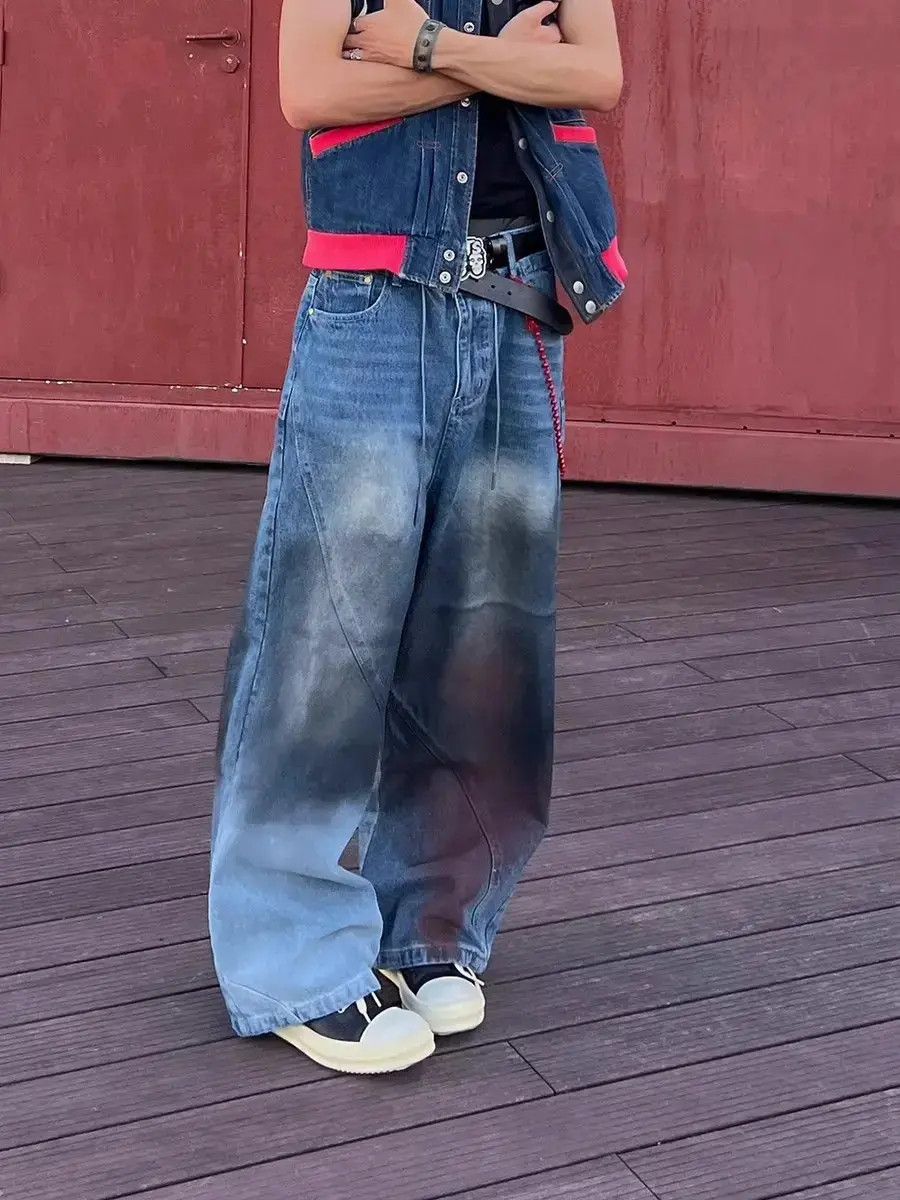 Japanese Brand Loose straight leg washed spliced jeans Size US 30 / EU 46 - 1 Thumbnail