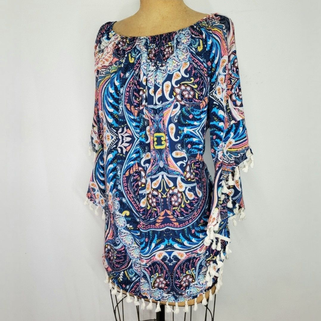 Other Umgee Sze M/L Dress Oversized Smocked Rainbow Paisley Fringe Size M / US 6-8 / IT 42-44 - 1 Thumbnail