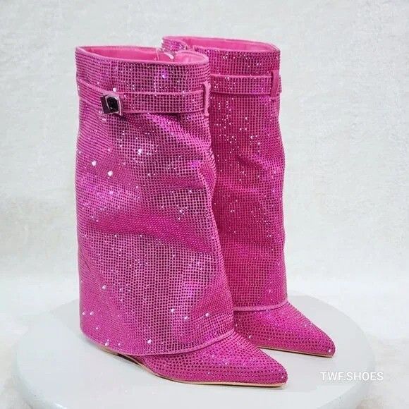 Other Betty Sparkling Pink Rhinestone Skirted Fold Over Calf Boots Size US 6 / IT 36 - 2 Thumbnail
