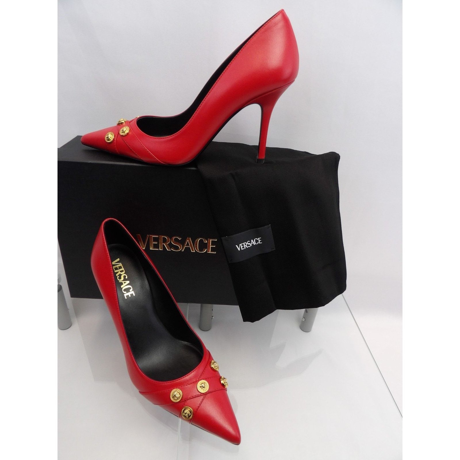 Versace NIB VERSACE RED LEATHER GOLD MEDUSA LOGO STUDS PUMPS 40 Size US 10 / IT 40 - 1 Thumbnail