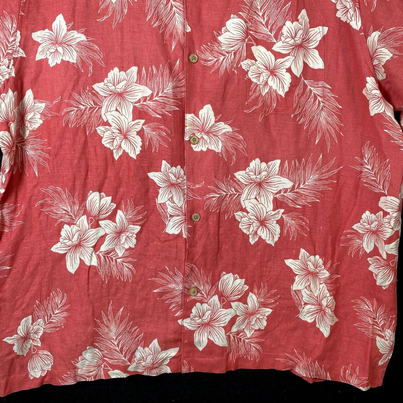 Vintage 28 Palms Shirt XL Salmon Floral Collared Button-Down Silk Linen Blend Short Sleeve Casual Mens Size US XL / EU 56 / 4 - 3 Thumbnail