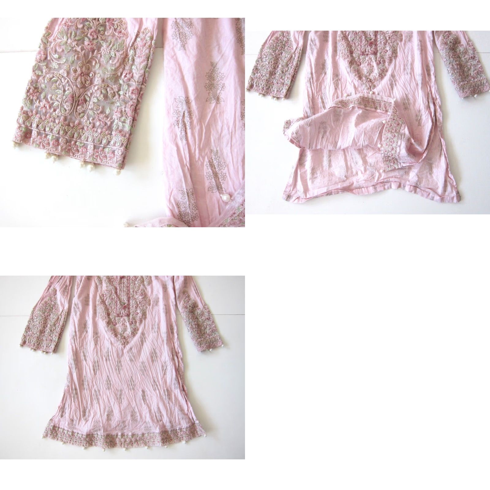 Vintage Maria B. Cotton Pink Green Embroidered Beaded Floral Long Sleeve Kurta Dress S Size S / US 4 / IT 40 - 8 Thumbnail