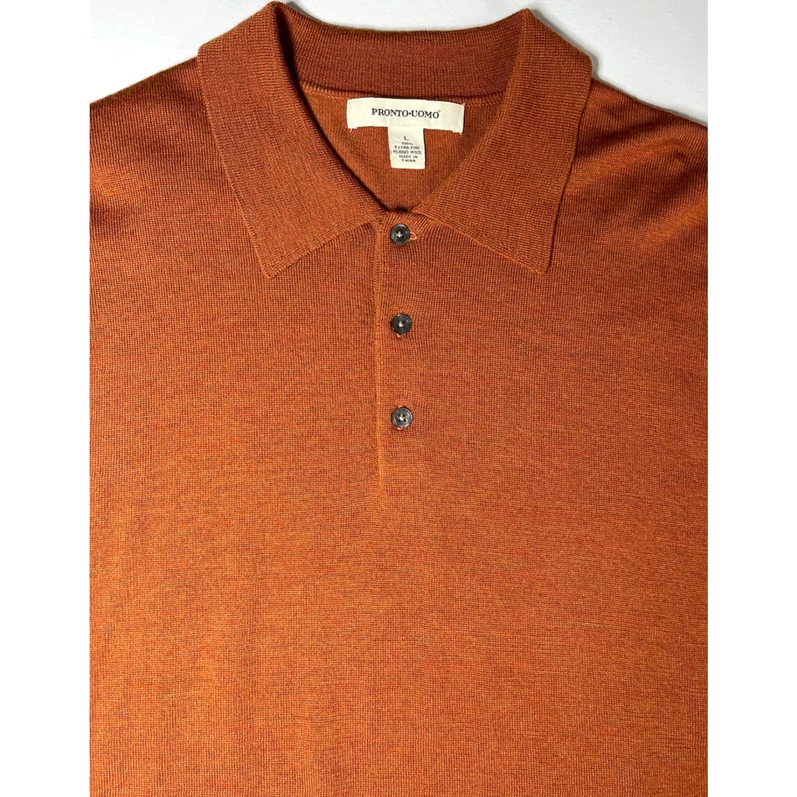 Pronto Uomo Pronto Uomo Men’s Collared Sweater Shirt Knit Merino Wool Burnt Orange L Deluxe Quality Pullover Size US L / EU 52-54 / 3 - 4 Thumbnail