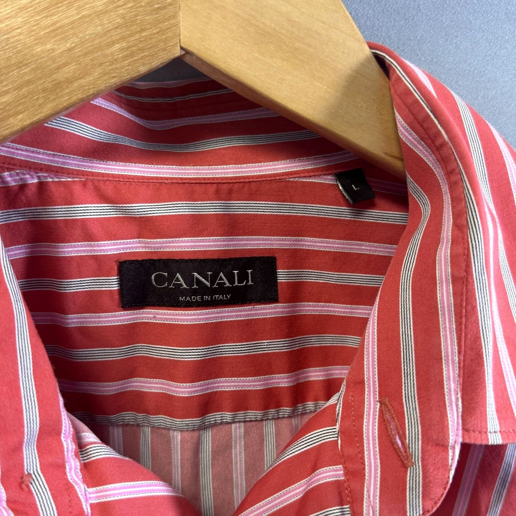 Canali Canali Shirt Mens L Red White Striped Button Down Made Italy Cotton Dress Shirt Size 42R - 3 Thumbnail