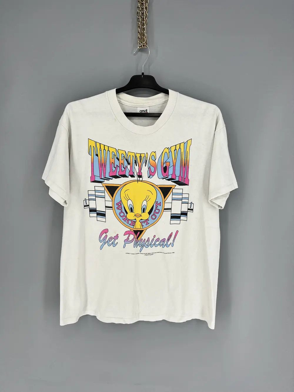 Warner Bros Vtg 1993 Tweety’s Gym Looney Tunes Workout Theme Mens TShirt Size US L / EU 52-54 / 3 - 1 Thumbnail