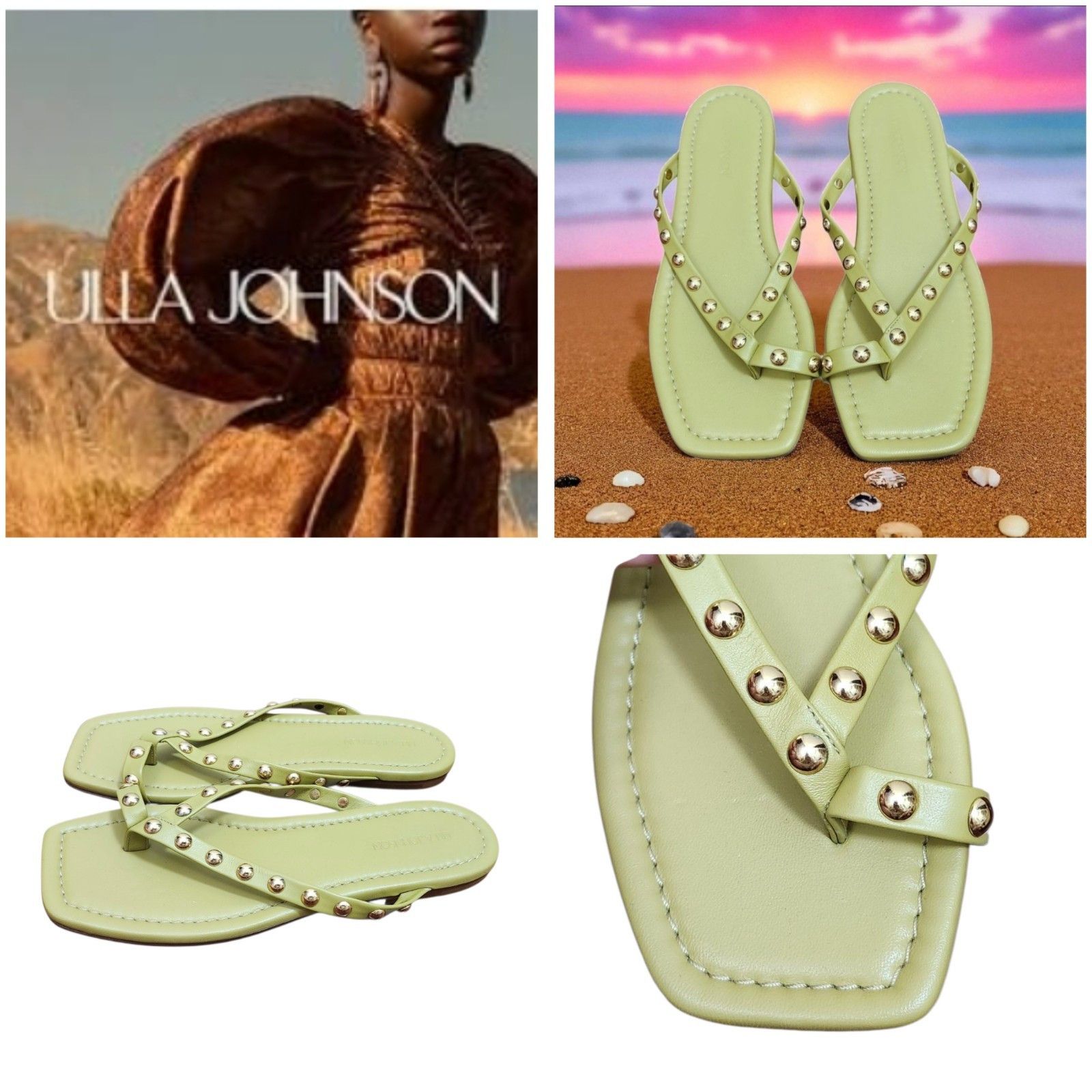 Ulla Johnson Olive Green Studded Sandals Square Toe