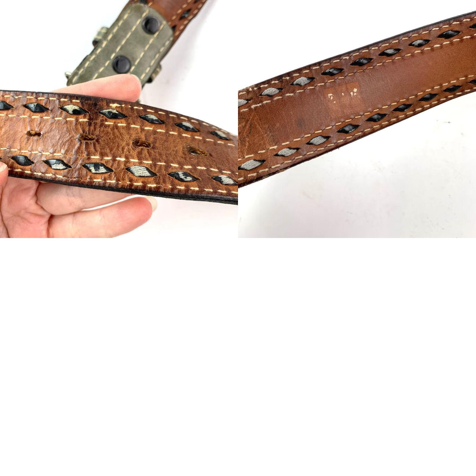 Vintage VINTAGE Nocona Mens Distressed Leather Belt Turquoise Inlay Buckle 36 Gray Inlay Shriners Buckle Size 36 - 9 Thumbnail