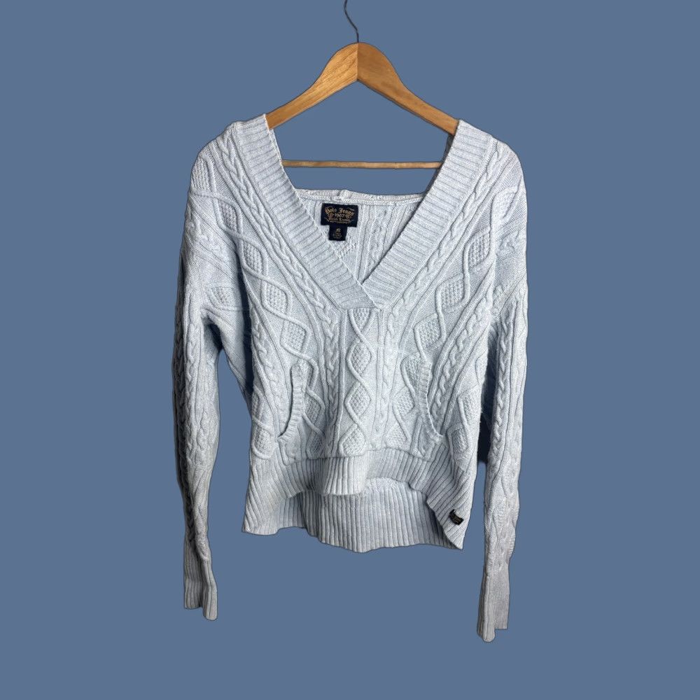 Vintage Polo Jeans Co. Ralph Lauren Sweater Womens Medium Blue Cable-Knit Hooded V-Neck Pullover Regular Fit Casual Jacket/Top Size M / US 6-8 / IT 42-44 - 1 Thumbnail
