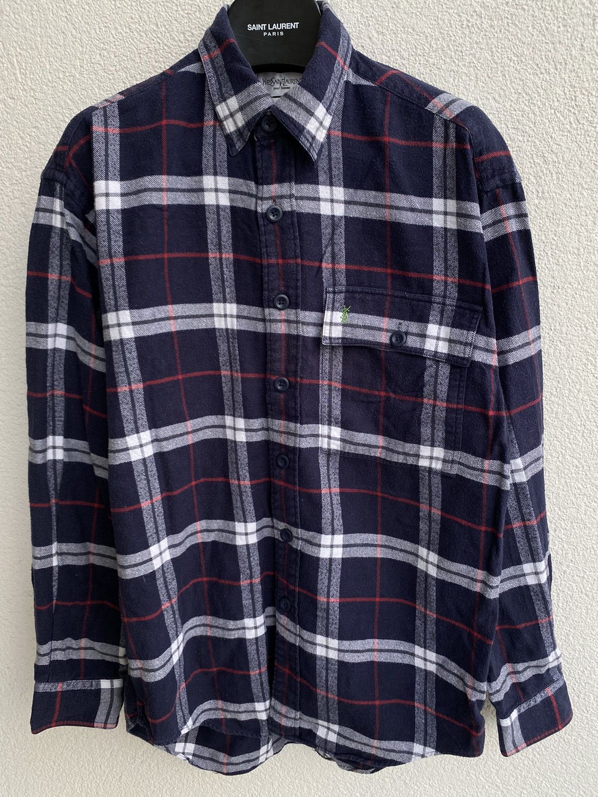 image of Vintage x YVES Saint Laurent Flannel YSL Shirt Cotton Heavy in Navy Red White, Men's (Size Medium)